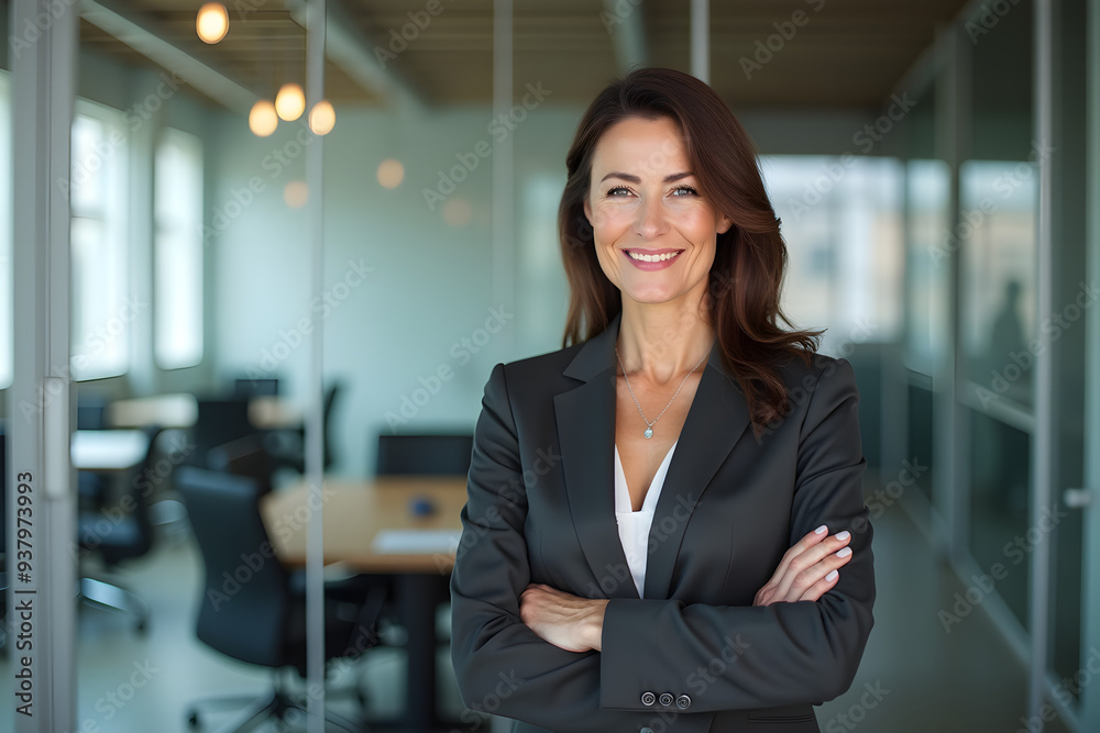 Portrait of a professional woman in a suit standing in a modern office. Mature business woman looking at the camera in a workplace meeting area. Portrait of a professional woman in a suit standing in a modern office. Mature business woman looking at the camera in a workplace meeting area.