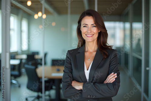 Portrait of a professional woman in a suit standing in a modern office. Mature business woman looking at the camera in a workplace meeting area. Free Download Portrait of a professional woman in a suit standing in a modern office. Mature business woman looking at the camera in a workplace meeting area. - GFXLoad