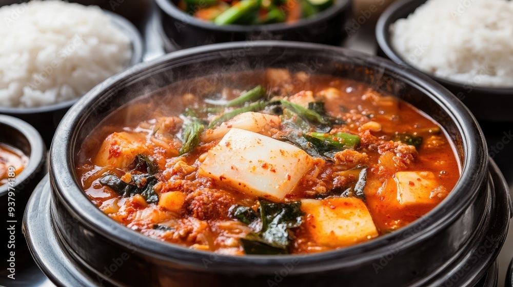 A steaming bowl of kimchi jjigae, rich in color and flavor, surrounded by banchan and rice bowls on a traditional table A steaming bowl of kimchi jjigae, rich in color and flavor, surrounded by banchan and rice bowls on a traditional table