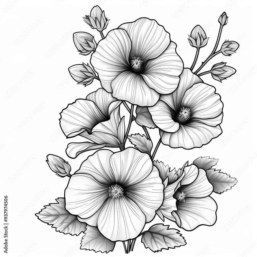 Beautiful mallow Black and white drawing floral illustration isolated on transparent background