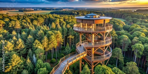 Majestic forest surroundings host an exhilarating treetop adventure park featuring a sleek, modern observation tower offering breathtaking panoramic views in rural Denmark's scenic landscape. photo