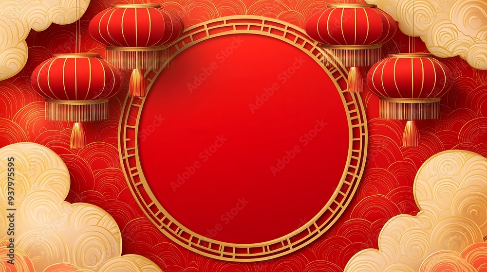 Red and gold background with a circular frame, festive lanterns, and stylized clouds Red and gold background with a circular frame, festive lanterns, and stylized clouds
