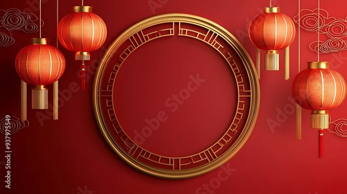 Red and gold Chinese festival background with a circular frame, hanging lanterns, and decorative clouds