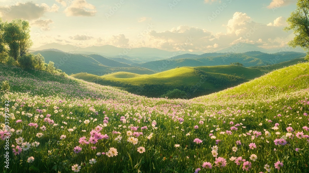 A wide shot of a countryside landscape with rolling green hills, dotted with blooming wildflowers A wide shot of a countryside landscape with rolling green hills, dotted with blooming wildflowers
