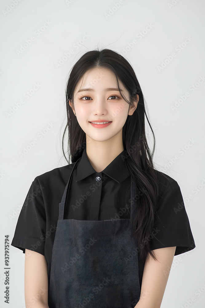 Smiling Young Barista in Black Uniform and Gray Apron with White Background Smiling Young Barista in Black Uniform and Gray Apron with White Background