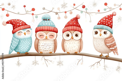 Adorable winter owls in colorful hats, perched on a branch with festive decorations, perfect for holiday-themed designs. photo