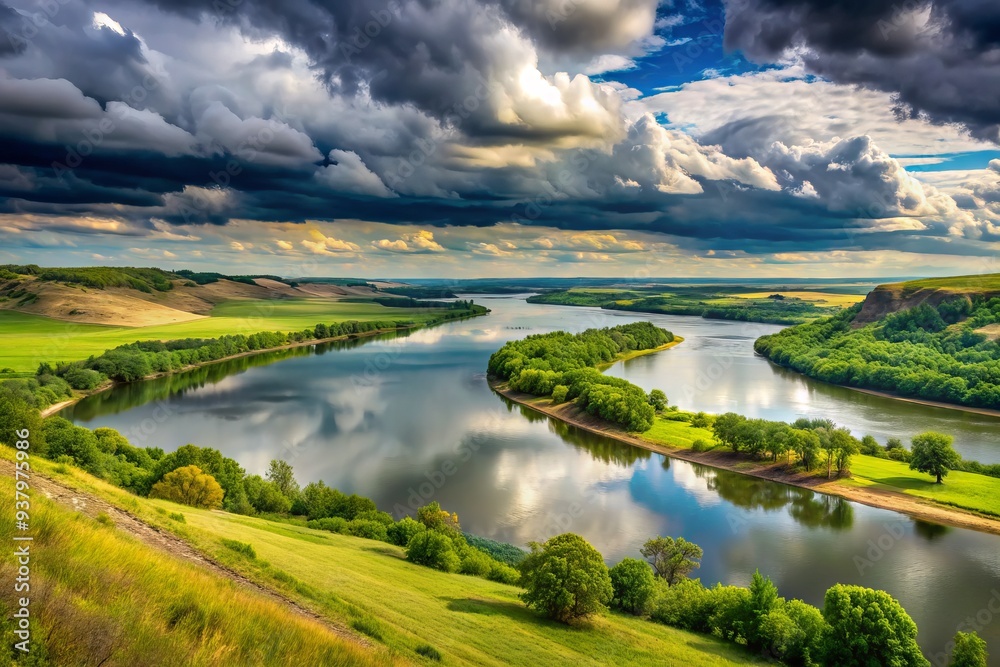 Obraz premium Majestic Missouri River winds its way through rolling hills on a cloudy day, its serene waters reflecting the somber sky, evoking a sense of American heartland tranquility.