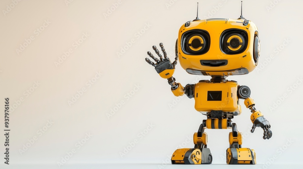 A yellow robot with black accents stands on a white background, waving with its right hand.