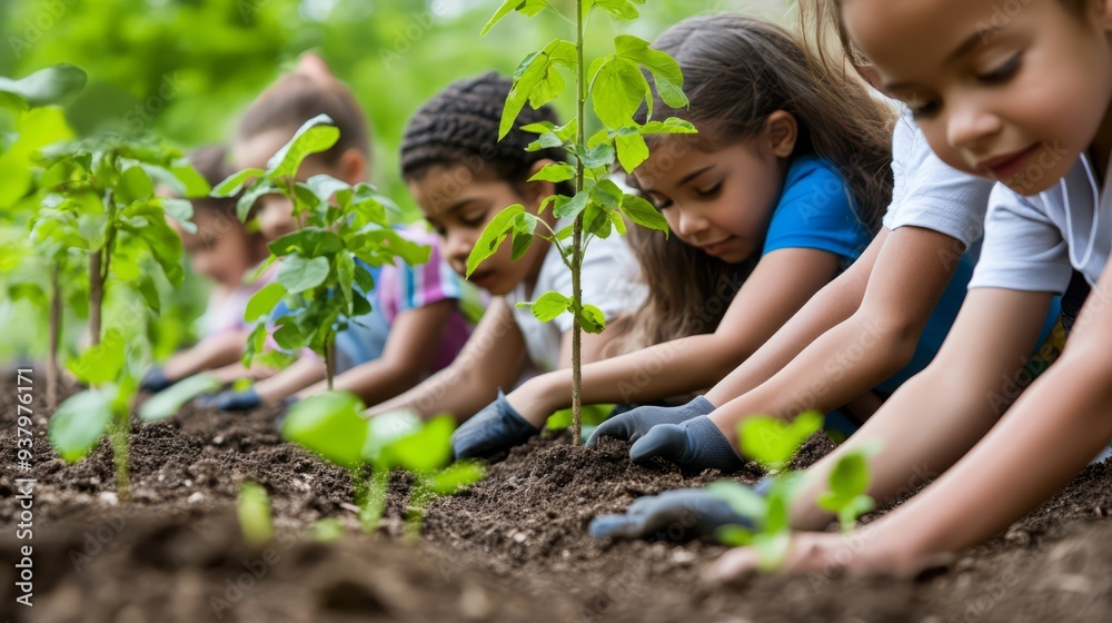 Children planting trees in a community garden, showing teamwork and environmental care Children planting trees in a community garden, showing teamwork and environmental care