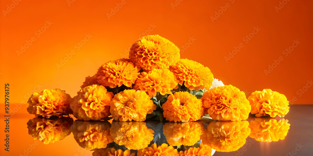 Glossy Altar with Reflective Marigold Petals concept as A wide shot of a glossy altar covered with reflective marigold petals set against a dark glossy background capturing the spiritual and cultural Glossy Altar with Reflective Marigold Petals concept as A wide shot of a glossy altar covered with reflective marigold petals set against a dark glossy background capturing the spiritual and cultural