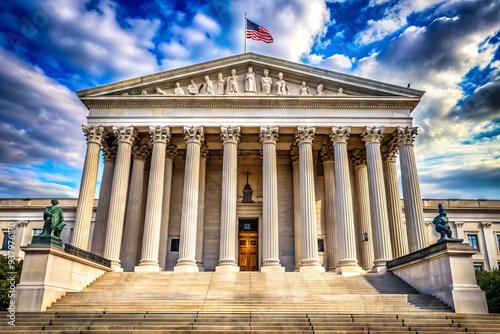 Majestic neoclassical-style building with Corinthian columns, frieze, and pediment, symbolizing the highest court in the land, exuding strength, justice, and American democracy. photo