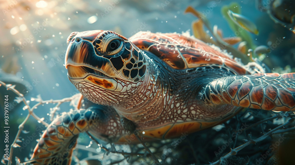 Fototapeta premium Green sea turtle gracefully glides through crystal-clear waters, its vibrant shell shimmering in the sunlight