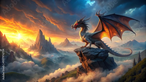 Majestic, scale-covered dragon perched on a mist-shrouded mountain peak, wings outstretched, fiery breath illuminating the dark, mystical atmosphere of a fantasy world landscape.