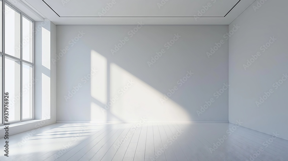 Empty white room with large windows casting soft sunlight on the floor
Empty white room with large windows casting soft sunlight on the floor