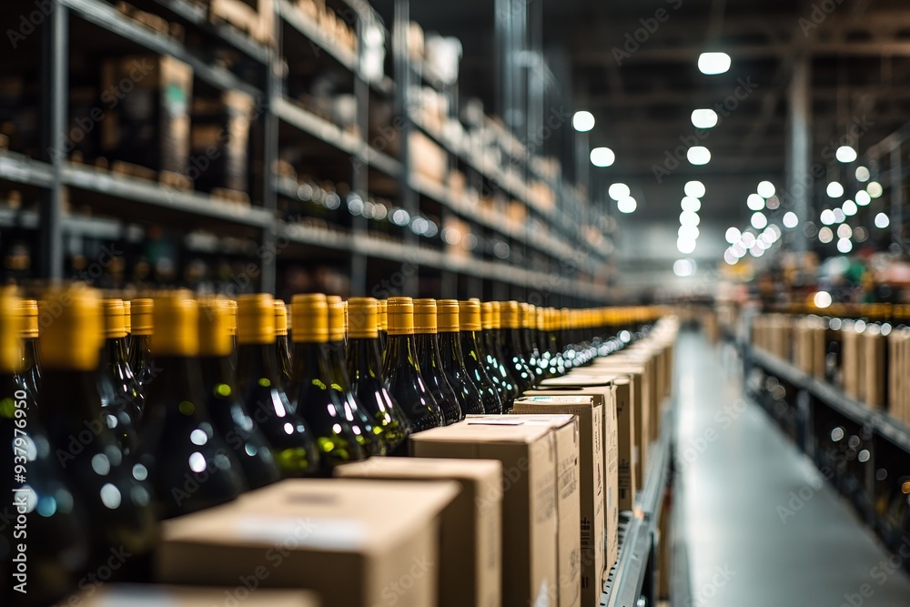 Rows of wine bottles in a large warehouse with shelves and boxes. Rows of wine bottles in a large warehouse with shelves and boxes.