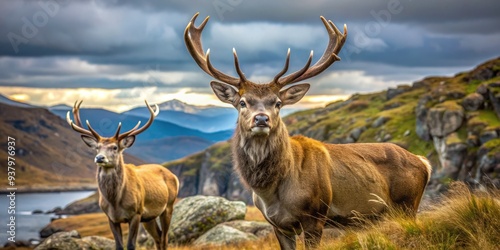 Majestic stags roam freely in the rugged, windswept landscape of the Isle of Lewis, their large antlers and gentle eyes a striking contrast to the wild Hebridean surroundings. photo