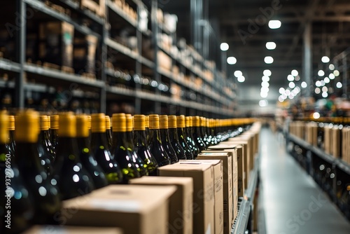 Rows of wine bottles in a large warehouse with shelves and boxes.