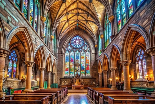 Majestic stained-glass windows illuminate the sacred space of the historic Cathedral Church of Saint Andrew, boasting intricate stone carvings and ornate wooden pews in Inverness, UK. photo