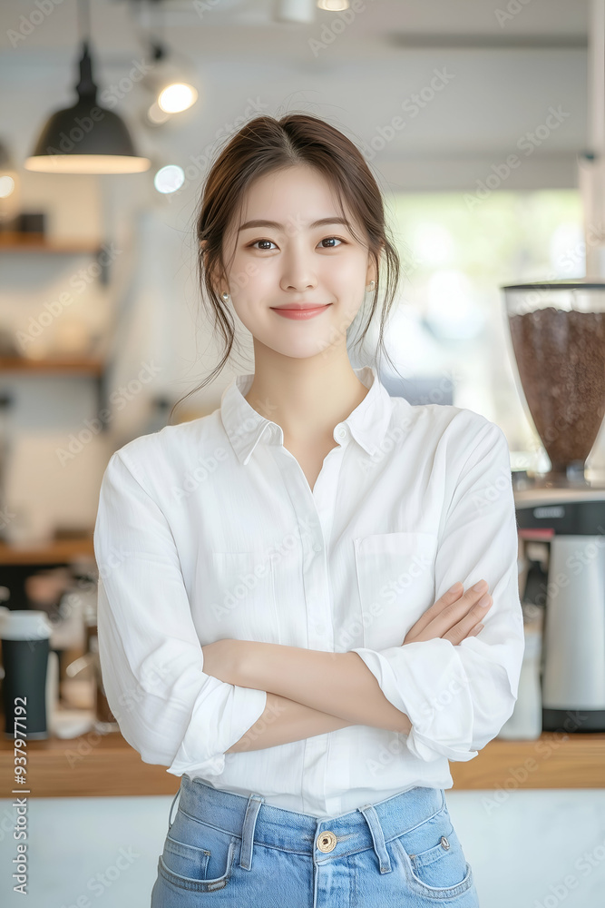 Smiling Young Woman in Casual Outfit Standing in Modern Cafe with Folded Arms Smiling Young Woman in Casual Outfit Standing in Modern Cafe with Folded Arms