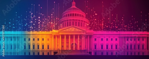 Government building with holographic projections of economic data and policy changes, concept of national economic planning. 