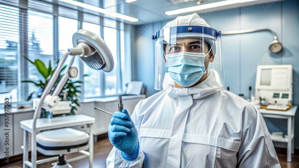 Masked dentist in protective gear, gloves, and face shield, holding dental mirror and scaler, standing in a modern dental clinic with sterilized equipment.