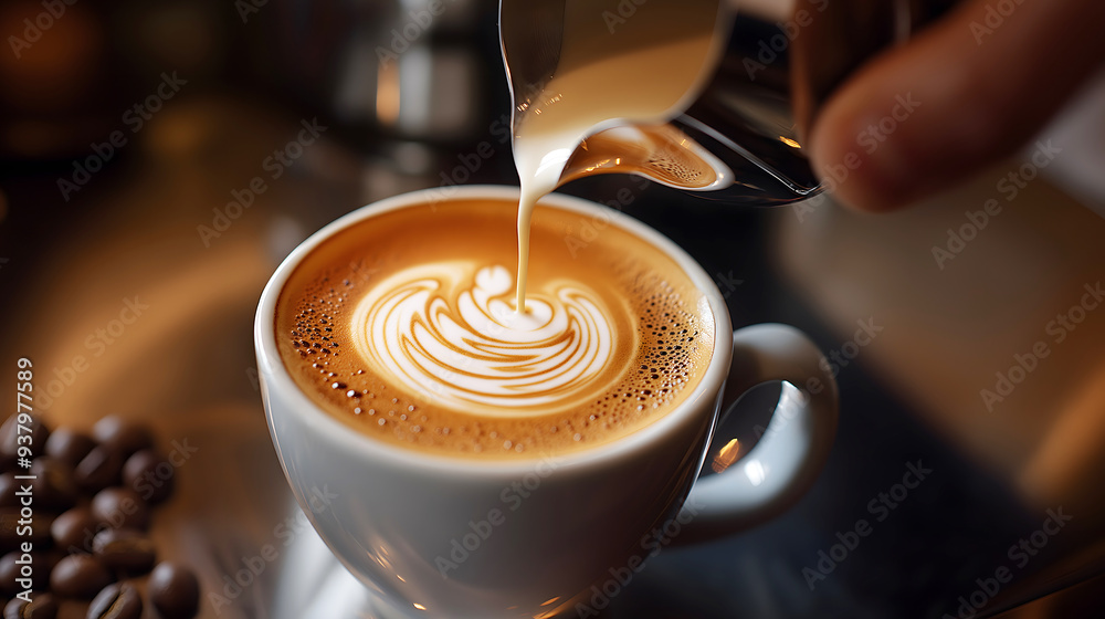 Close-up of a barista skillfully pouring milk to create intricate latte art in a cup of freshly brewed coffee.
