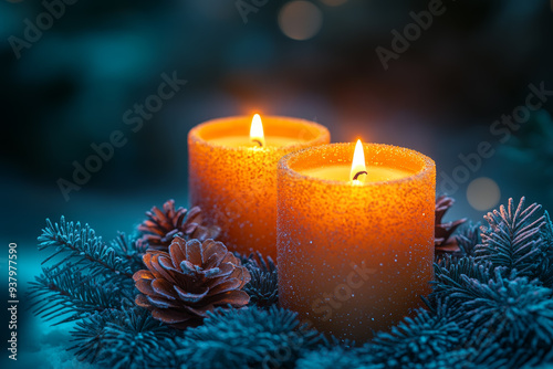 burning Christmas candles and with pinecones photo