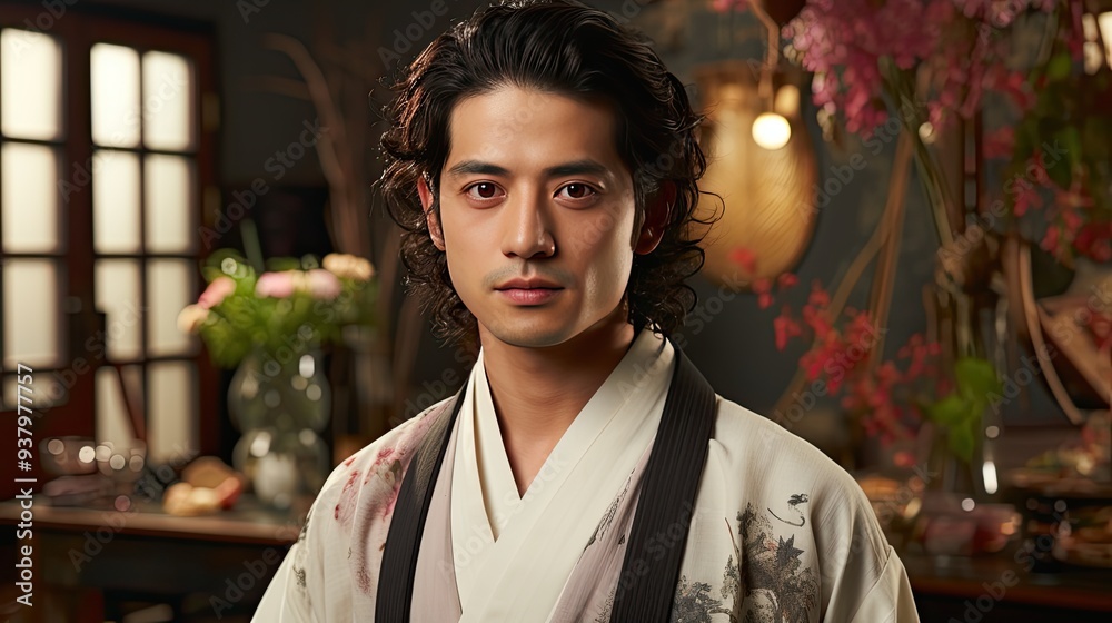 handsome hispanic young man wearing traditional korean clothing hanbok from handsome hispanic young man wearing traditional korean clothing hanbok from