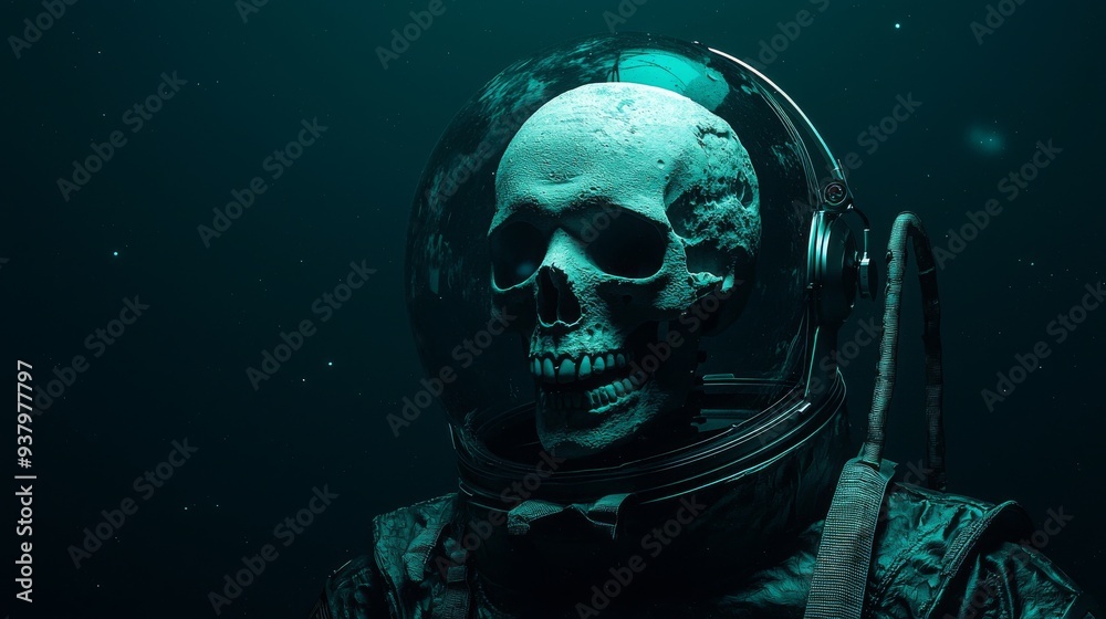 Shadowed skeleton in a futuristic astronaut suit, mysterious cosmic ambiance Shadowed skeleton in a futuristic astronaut suit, mysterious cosmic ambiance