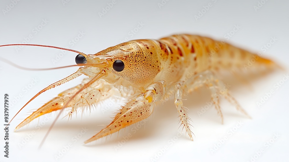 Close-up of a small crayfish with its claws extended, set against a plain white background. Close-up of a small crayfish with its claws extended, set against a plain white background.