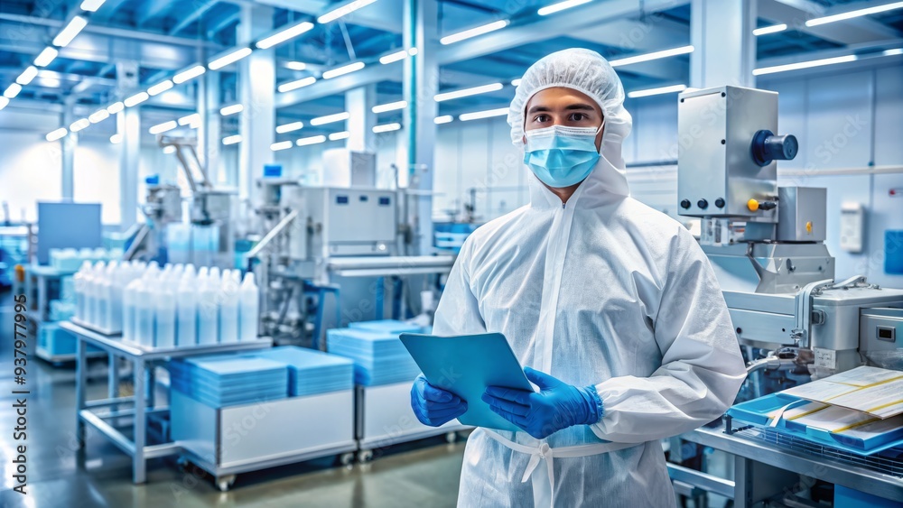 Naklejka premium Medical professional in PPE stands amidst automated production line of personal protective equipment, holding sterile kits against a backdrop of blue factory machinery.
