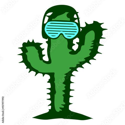 Green Cactus Music DJ Desert Nature Spikes Spines Plant Headphone Sunglasses Party Night Dancing Clubber Raver Comic Humor Cartoon Cool Fun Sound Disco Club Festival Band Concert Techno Discothek Love