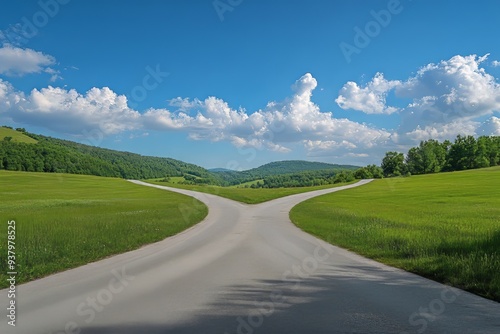 A view of a crossroads with two different asphalt lanes leading to a distant horizon with blue skies