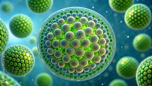 Microscopic view of Volvox, a species of green algae, showcasing its spherical shape, flagella, and numerous daughter colonies, suspended in a serene aquatic environment. photo