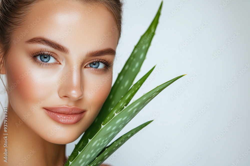 Adult woman with moisturized skin against the background of aloe Vera leaves, sale cosmetic products , organic plant soothes, regenerates and rejuvenates the skin, care for youth every day Adult woman with moisturized skin against the background of aloe Vera leaves, sale cosmetic products , organic plant soothes, regenerates and rejuvenates the skin, care for youth every day