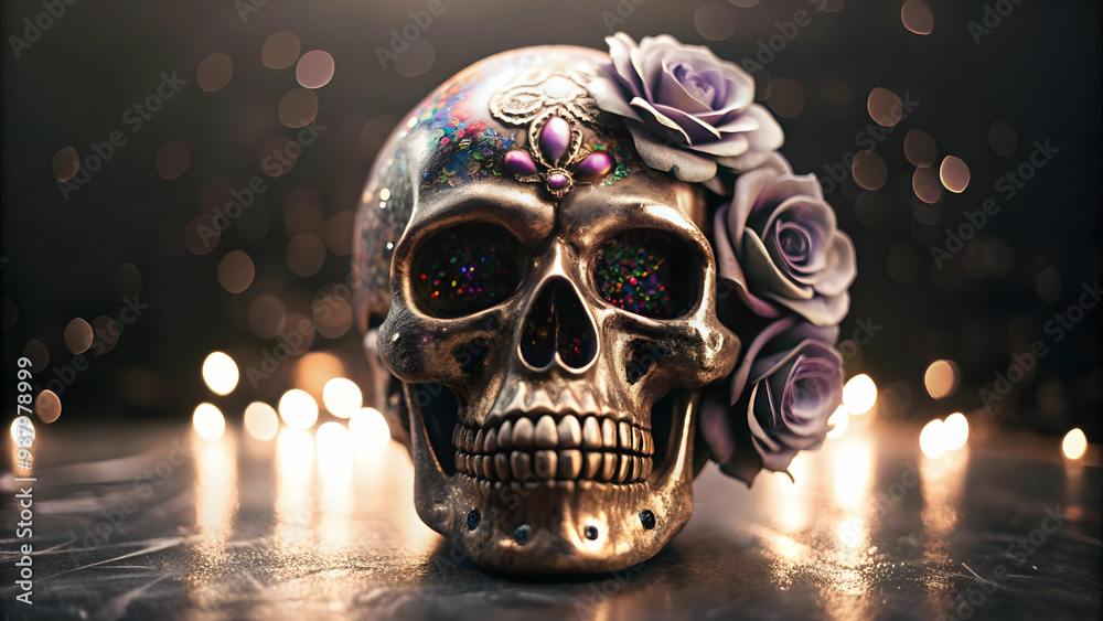 Glossy Sugar Skull with Holographic Rose Petals concept as Close up of a glossy sugar skull surrounded by holographic rose petals isolated on a white background offering a vibrant and modern Dia de Mu Glossy Sugar Skull with Holographic Rose Petals concept as Close up of a glossy sugar skull surrounded by holographic rose petals isolated on a white background offering a vibrant and modern Dia de Mu