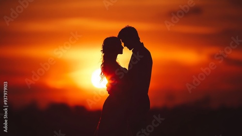 A romantic silhouette of a couple embracing at sunset, symbolizing love and intimacy in a serene natural setting.