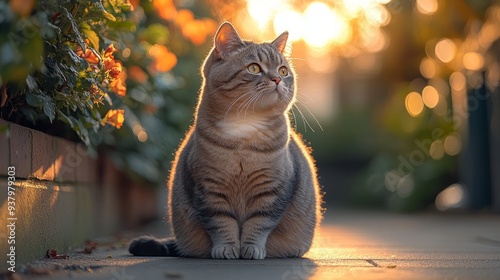 Cute fat cat sitting lonely Looking at the view from the wall of the house There are trees and roads in the background.