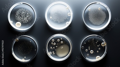 A minimalistic image of bacterial growth on a petri dish, with colonies clearly defined and contrasting against a white backdrop. photo