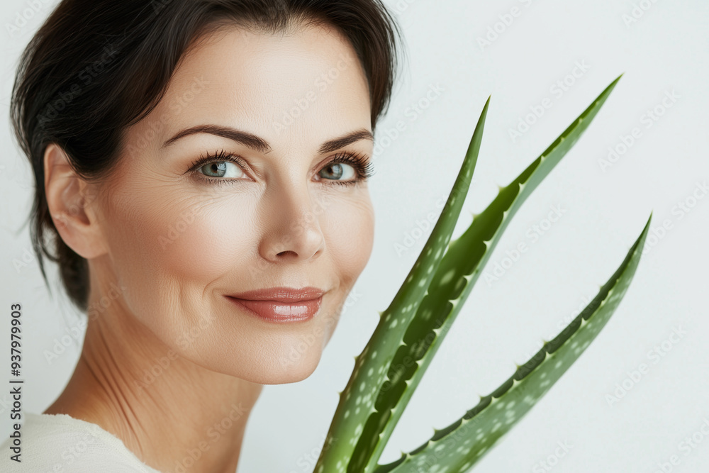 Middle age Woman with moisturized skin against the background of aloe Vera leaves, sale cosmetic products , organic plant soothes, regenerates and rejuvenates the skin, care for youth every day Middle age Woman with moisturized skin against the background of aloe Vera leaves, sale cosmetic products , organic plant soothes, regenerates and rejuvenates the skin, care for youth every day