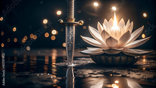 Glowing Abstract Lotus and Sword concept as A serene glowing abstract digital art featuring a lotus and sword symbolizing purity and victory during Dussehra. Ideal for spiritual and cultural event adv
