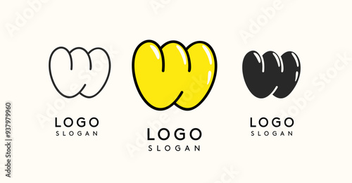 Playful cartoon letter W with glossy, bubbly appearance, available in silhouette, contour, colored versions. Perfect for children's brand, entertainment company, creative studio. Vector illustration.