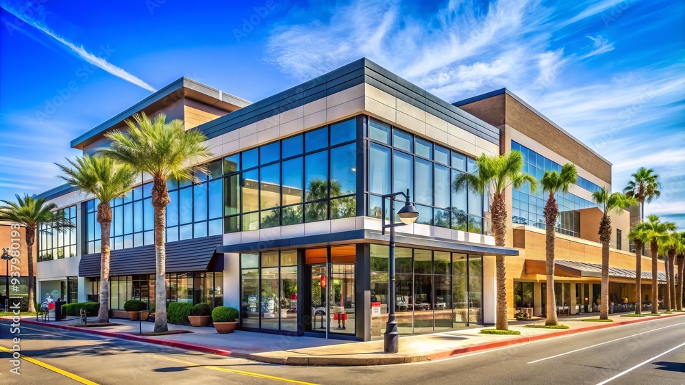 Obraz premium Modern glass-fronted commercial building with bold signage and sleek architecture, set amidst a bustling suburban shopping district on a sunny California day.