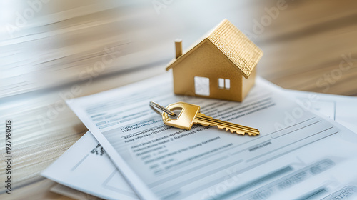 House Key on a Real Estate Contract: An image featuring a house key placed on top of a real estate contract or agreement, symbolizing the finalization of a property transaction, Ai