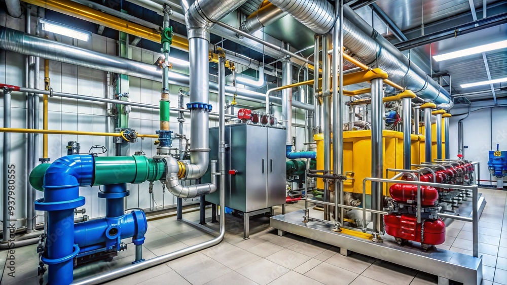 Modern industrial gas boiler room with equipment, pipes, and sensors behind closed glass, maintaining optimal temperature in a factory or enterprise setting. Modern industrial gas boiler room with equipment, pipes, and sensors behind closed glass, maintaining optimal temperature in a factory or enterprise setting.