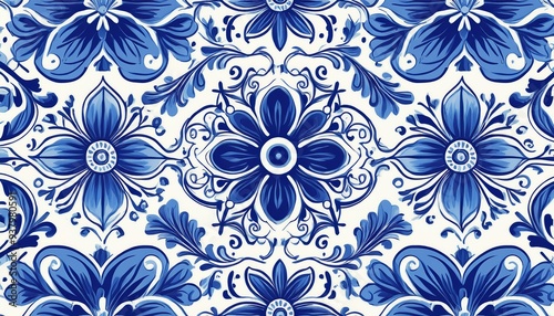 Seamless pattern in Dutch delft blue and white traditional hand painted