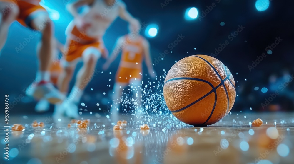 A basketball rolling on the court after a missed shot, with players chasing it A basketball rolling on the court after a missed shot, with players chasing it