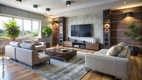 Modern living room with a sleek home theater system featuring a large flat-screen TV, surround sound speakers, and a sleek console table. photo