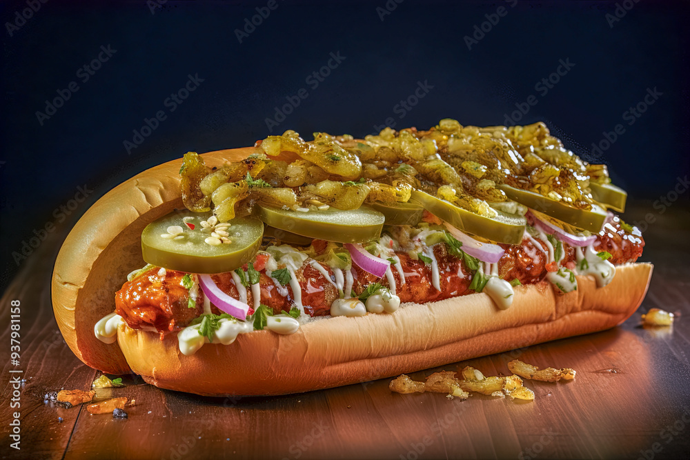 Leckerer gegrillter und üppig gefüllter Hot Dog, Generative AI Leckerer gegrillter und üppig gefüllter Hot Dog, Generative AI