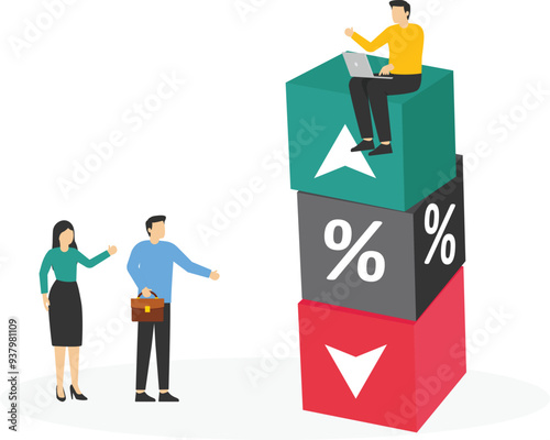 Business team connect cube block with percentage symbol icon. Interest, financial and mortgage rates. Vector illustration
